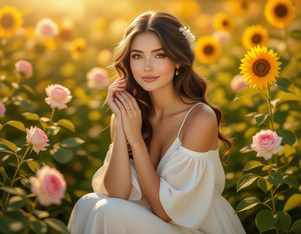 Elegant Woman in Blooming Garden, Hyperrealistic Digital Art