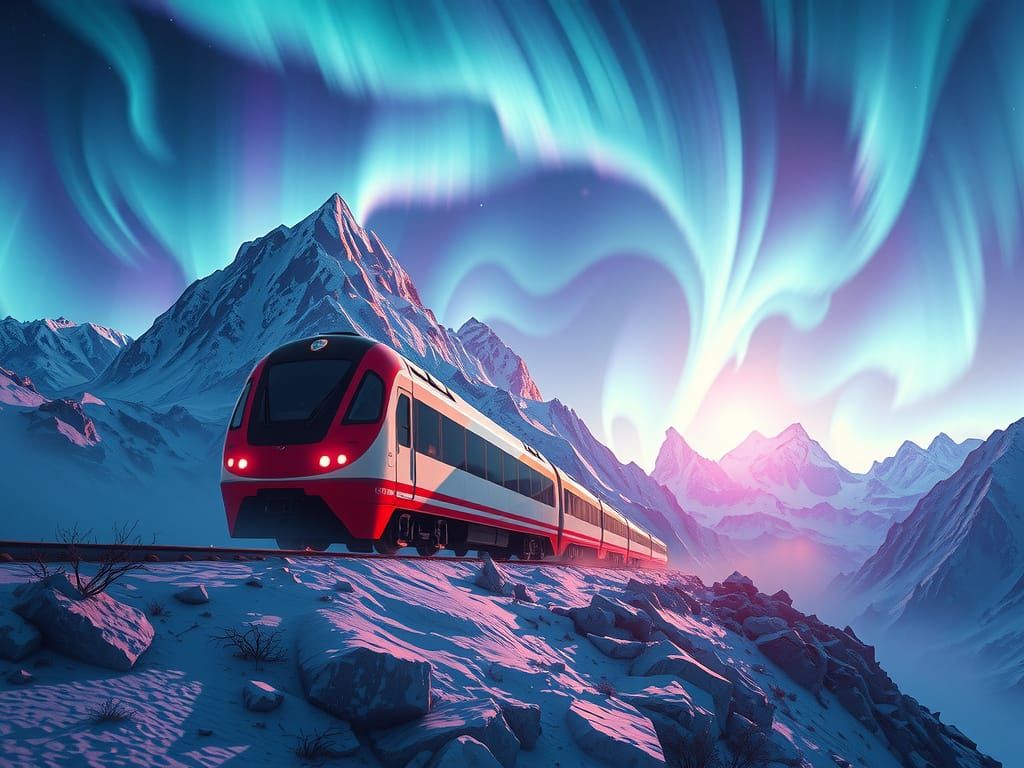 Photorealistic Aurora Waves Over Modern Train