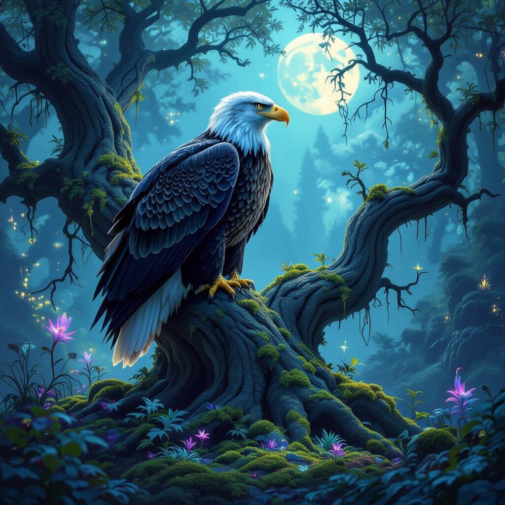 Moonlight Eagle on Ancient Tree in Bioluminescent Forest