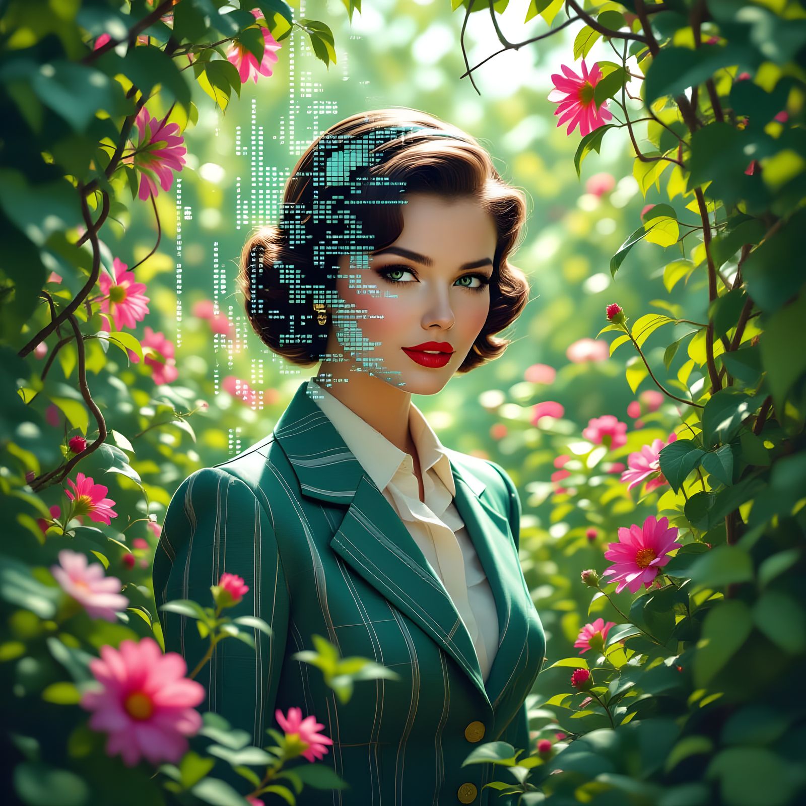 Mid-Glitch Figure in Overgrown Garden, Hyperrealistic Style