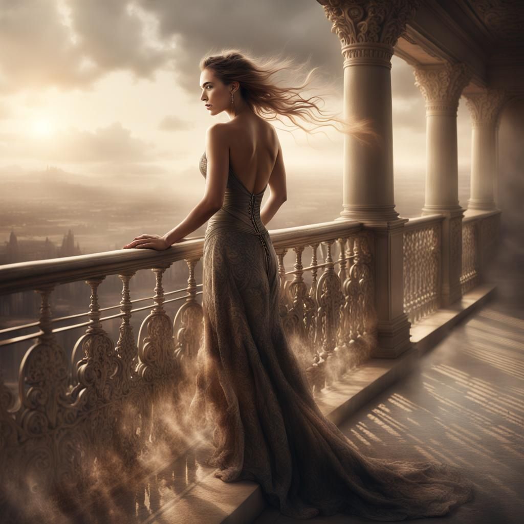 Woman Dissolving into Dust on Balcony