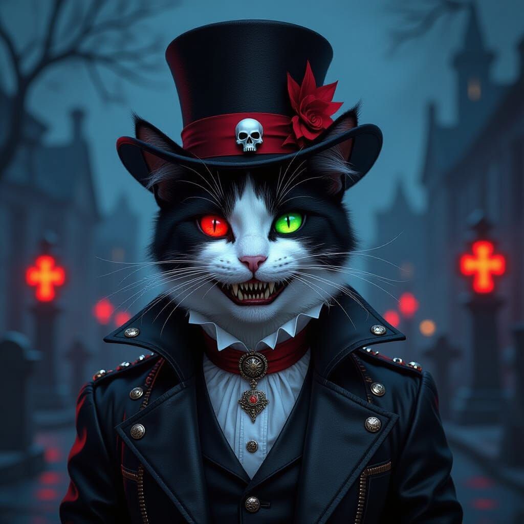 Vampire Cat in Cemetery, Hyperrealistic Digital Art