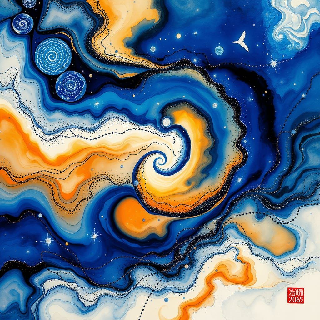 Mystical Fractal Universe in Ink and Silk Art Style