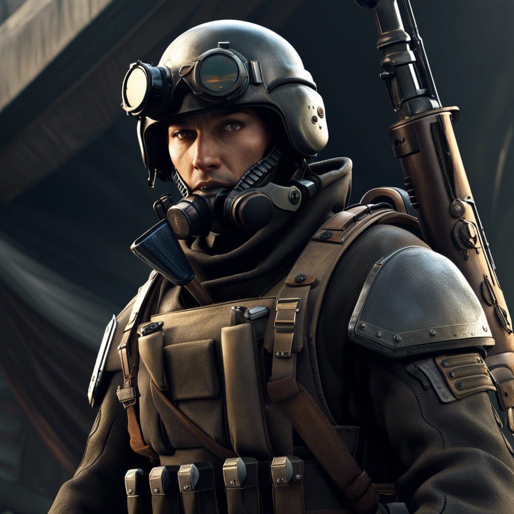 Dieselpunk Soldier in 3D Game Cinematic Style