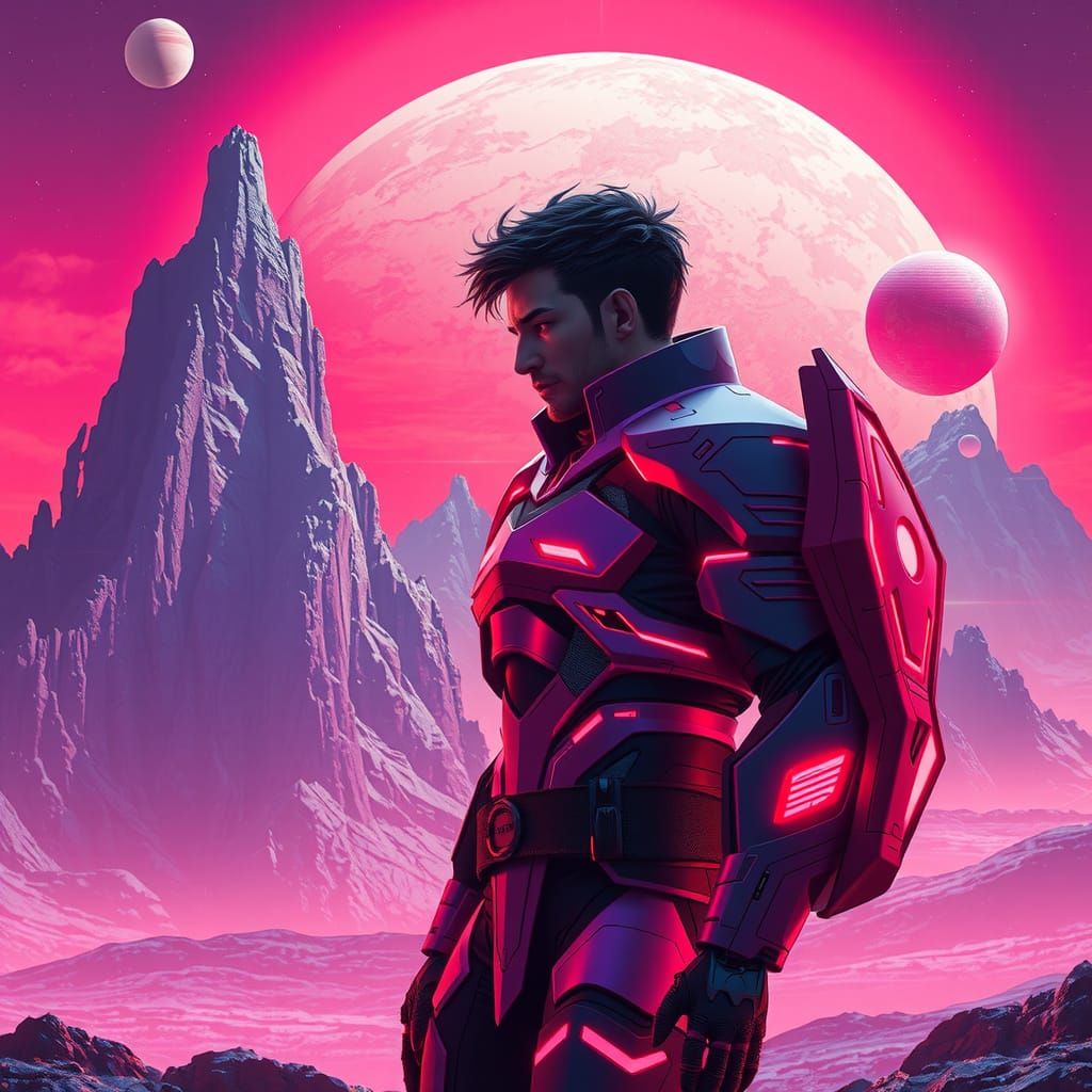 Futuristic Armored Figure on Alien Planet in Synthwave Style