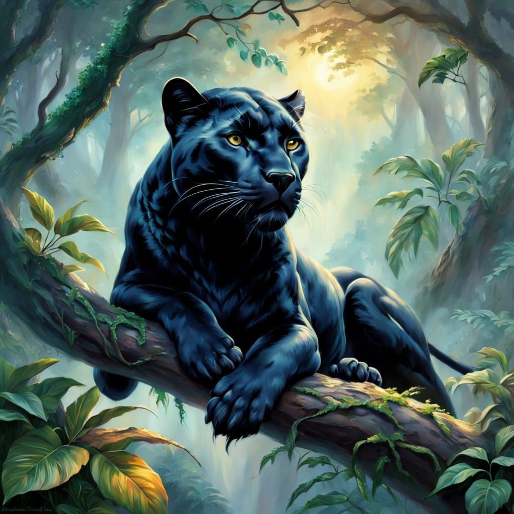 Ethereal Panther in Misty Jungle Oil Painting