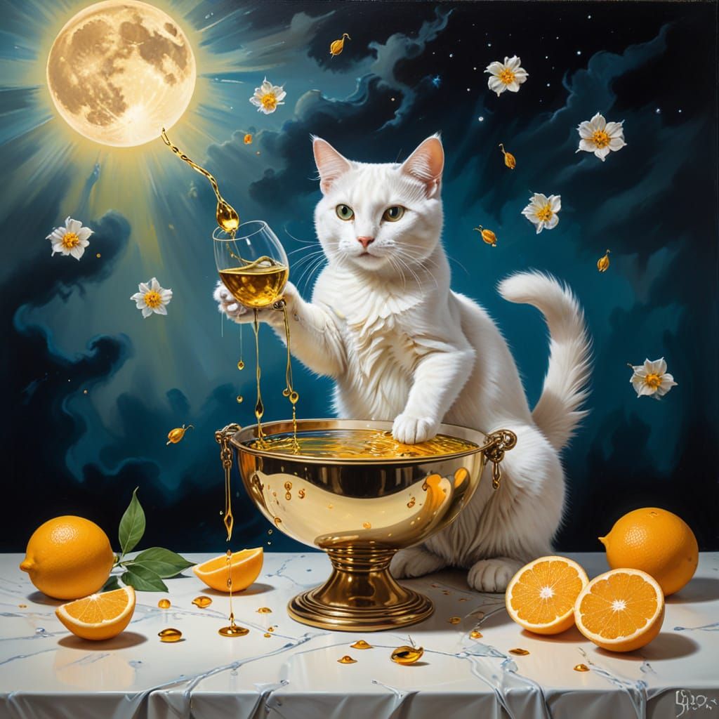 White Cat on Crescent Moon in Surreal Style