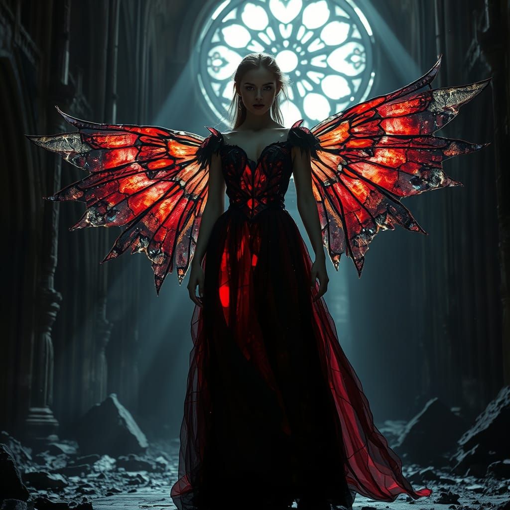 Gothic Cathedral Ruins with Ethereal Stained Glass Gown