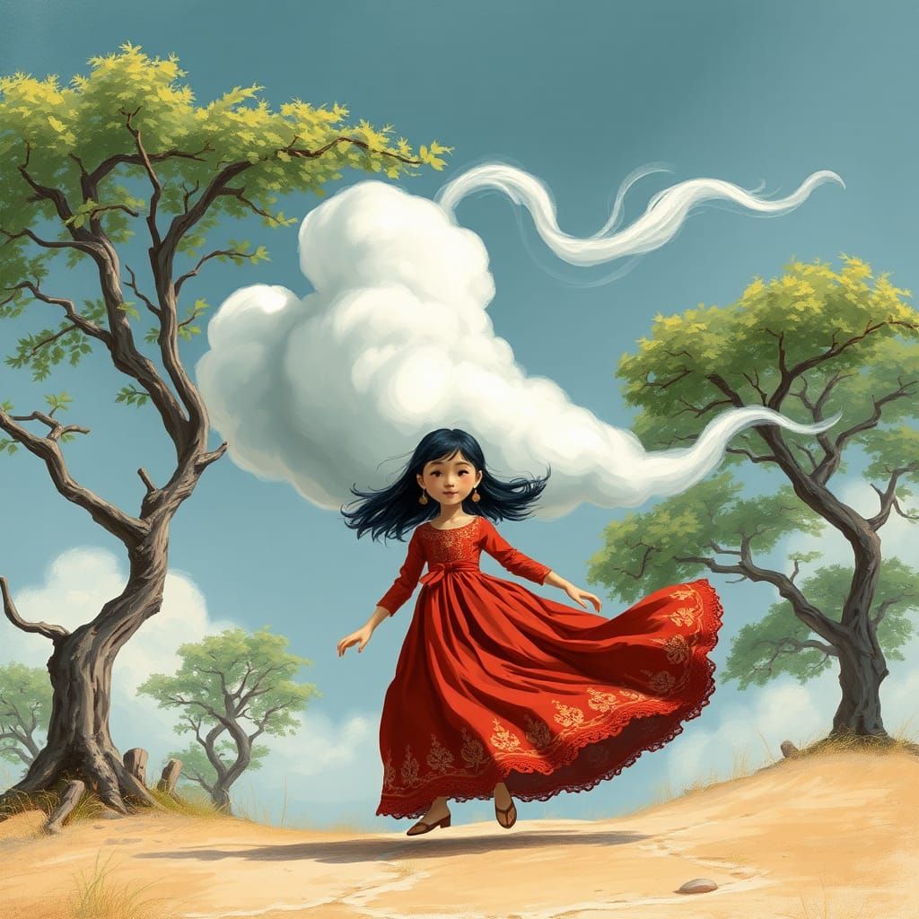 A cloud with a chubby face blows in the wind. It pushes a young girl in a long red dress. The trees are also blown by th...