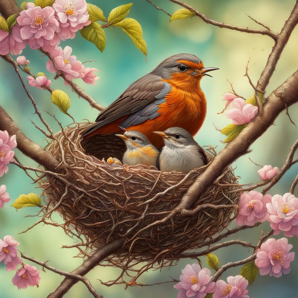 Hyperrealistic Robin Family in Springtime Nest