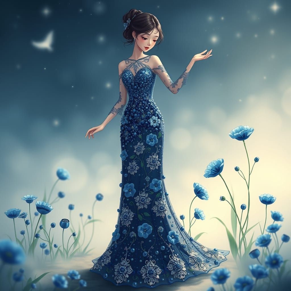Beaded Blue Poppy Gown in Midnight Garden, Stylized Anime Ar...
