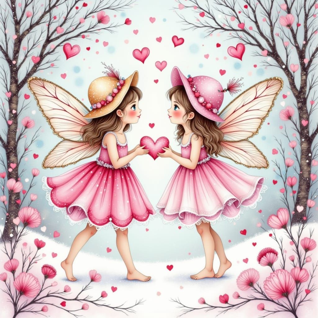 Cute Valentine Fairies in Detailed Alcohol Ink Art