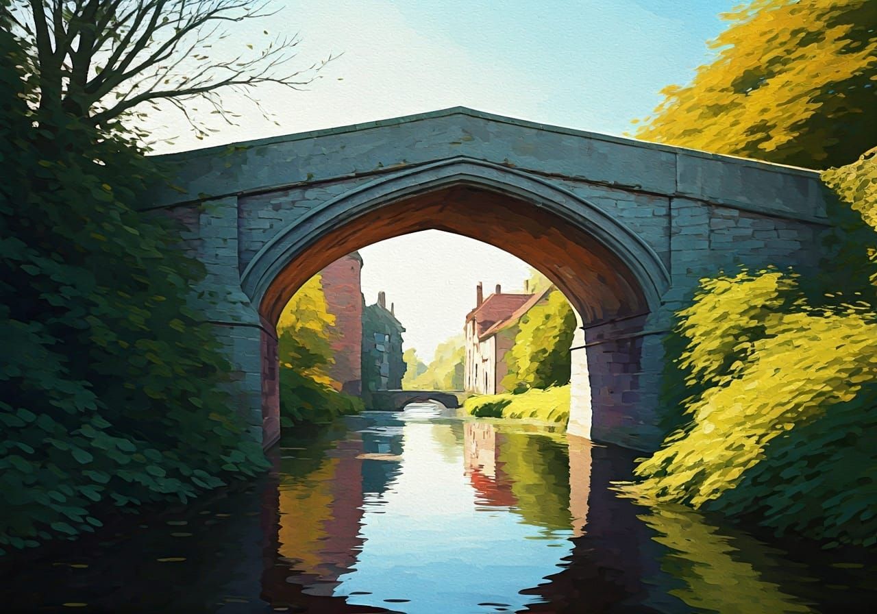 Godmanchester Old Bridge in Gouache Watercolor Style