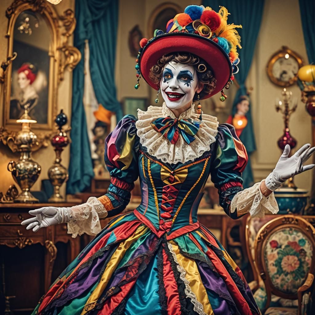 Harlequin in a Victorian gown