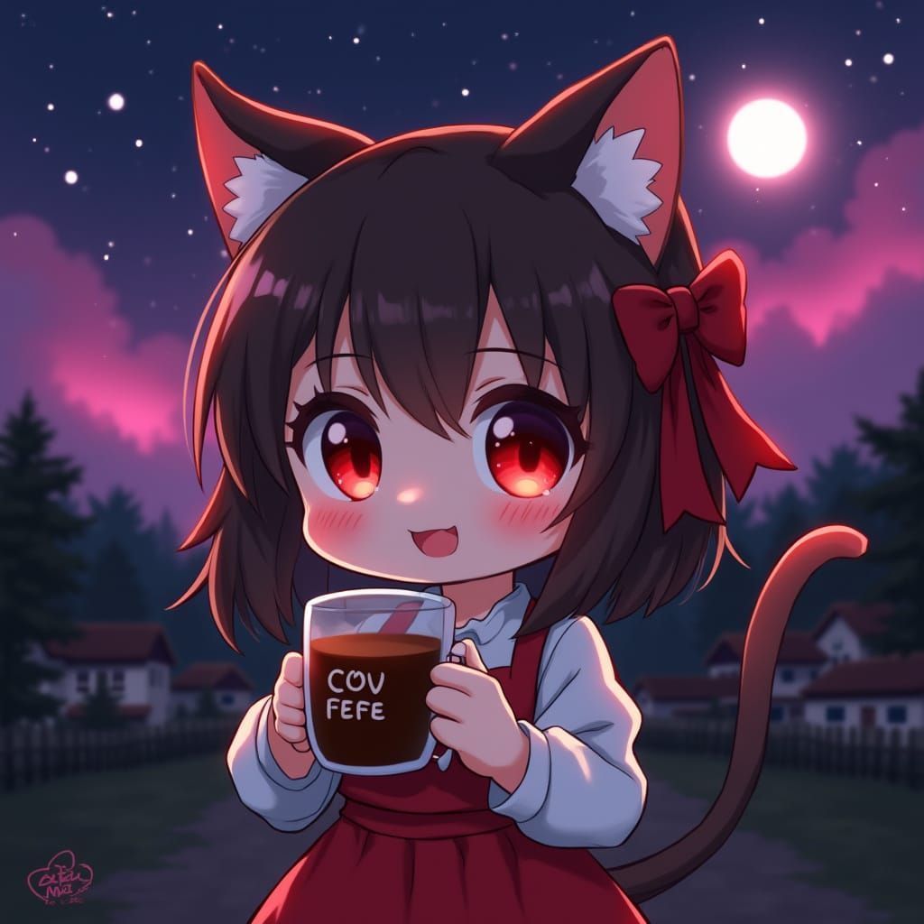 Mystical Catgirl Sips Coffee Under the Moonlit Night