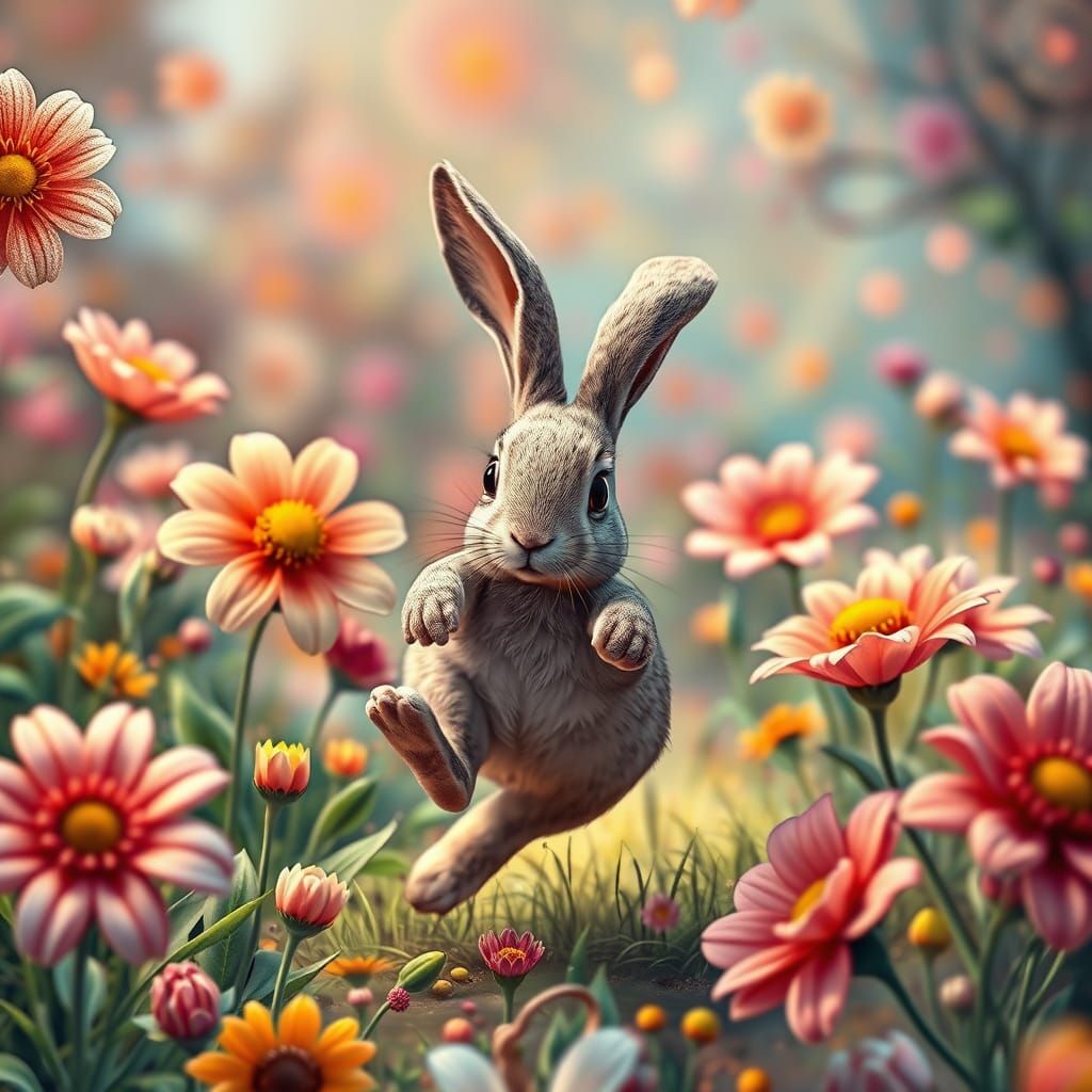 Whimsical Rabbit in Surreal Flower Meadow
