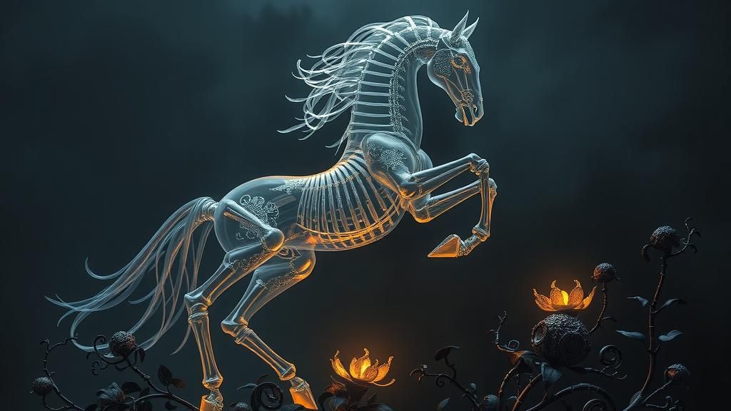 a glass and skeleton horse appearing mid-leap