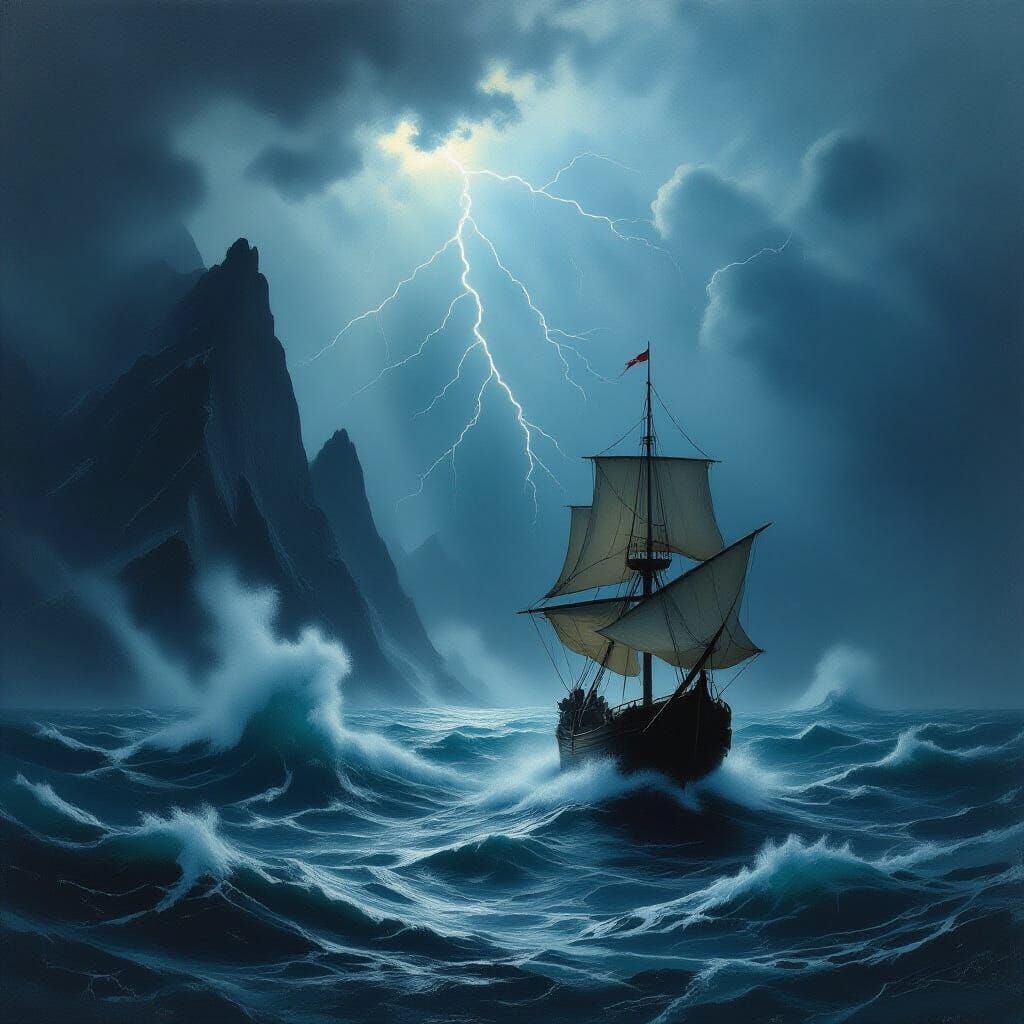 Ship Battles Stormy Seas Against Jagged Mountains