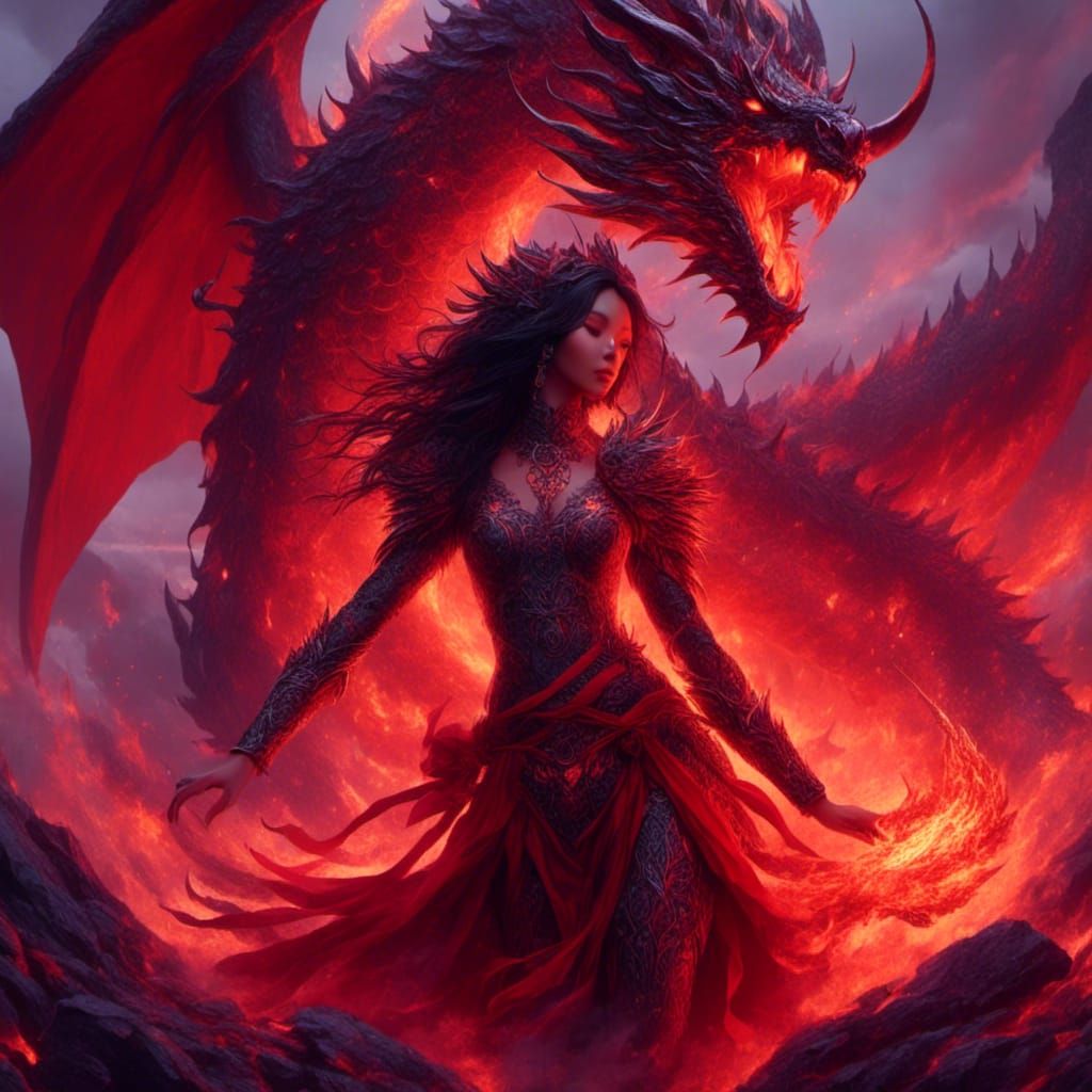 Lava Woman Emerges From Volcano with Dragon Features