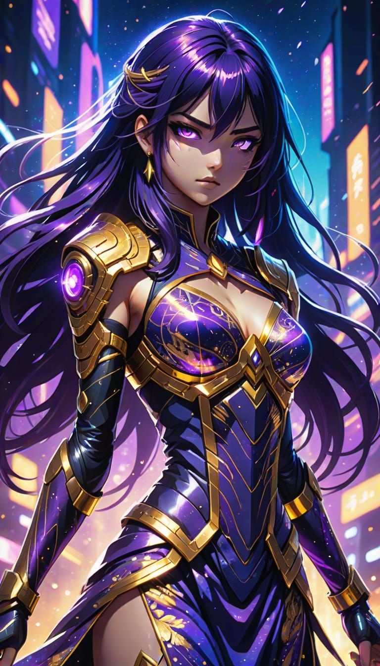 Anime Fighter Girl in Cyberpunk Galaxy, Vibrant Splash Art