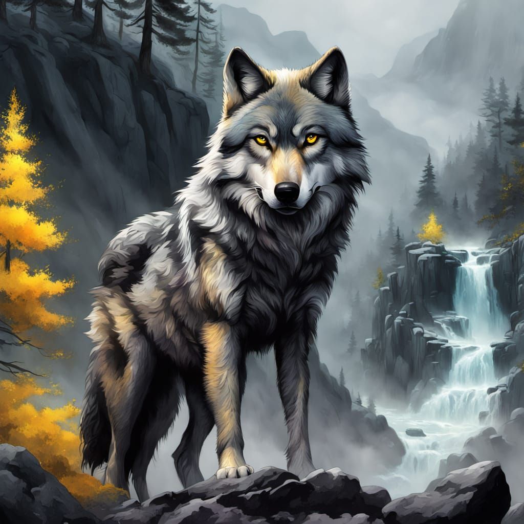 Lone Grey Wolf on Rocky Crag in Splash Art Style