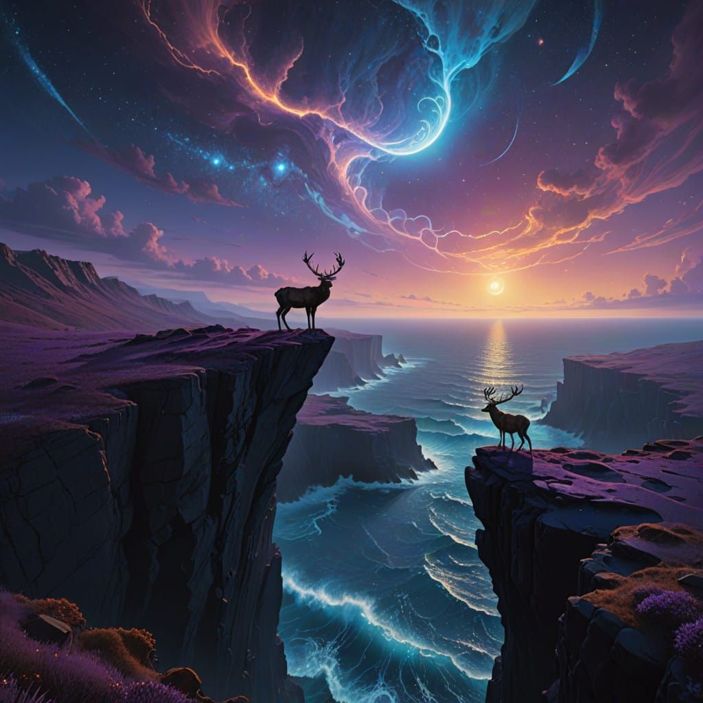 Stag Gazing Over Cosmic Ocean: Matte Painting