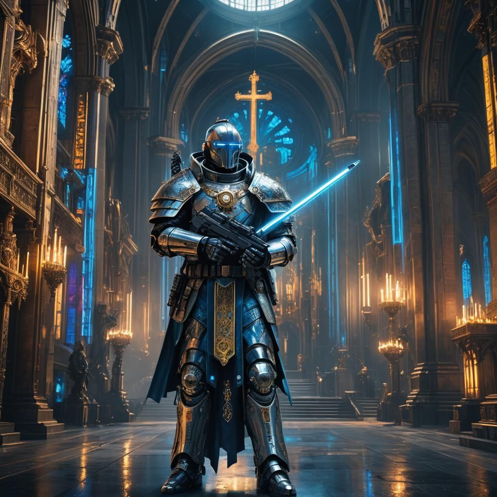 Cyberpunk Pope with Gun in Sci-Fi Cathedral