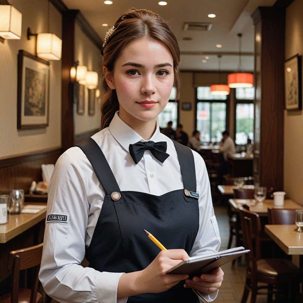 Waitress Takes Notes in Restaurant Hallway