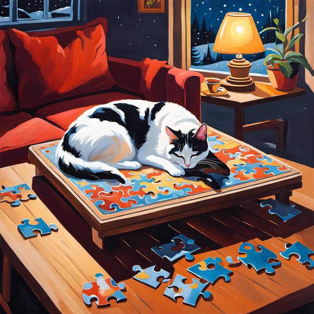 Cat Nap on Puzzle: Gouache Painting of Cozy Snowy Night