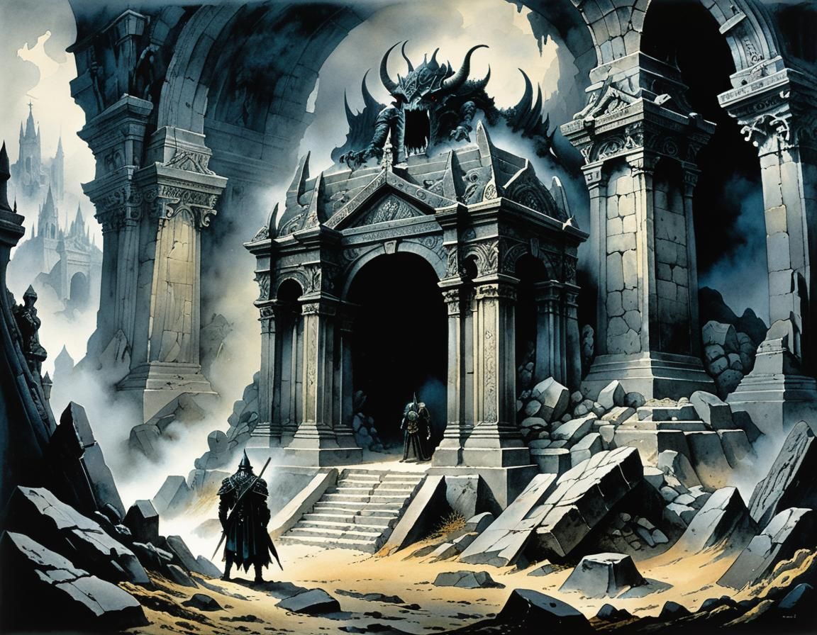 Mysterious Demon Rising from Tomb, Ink and Watercolor