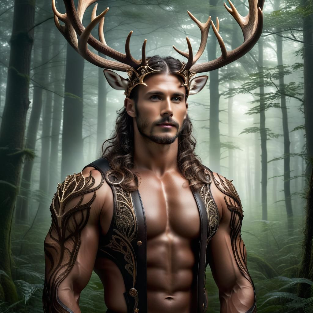 Majestic Deer-Man Portrait in Enchanting Forest