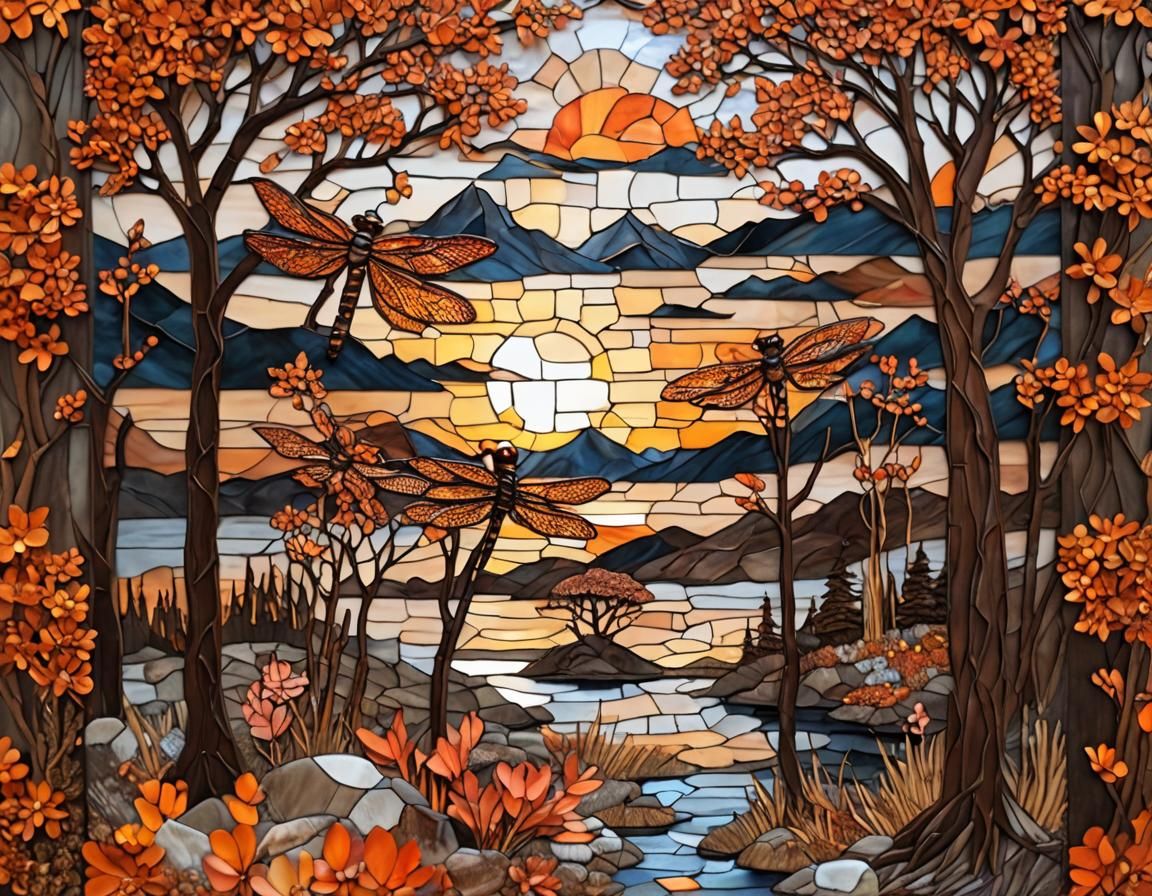 Sunset Lake: Stained Glass Mosaic in Warm Tones