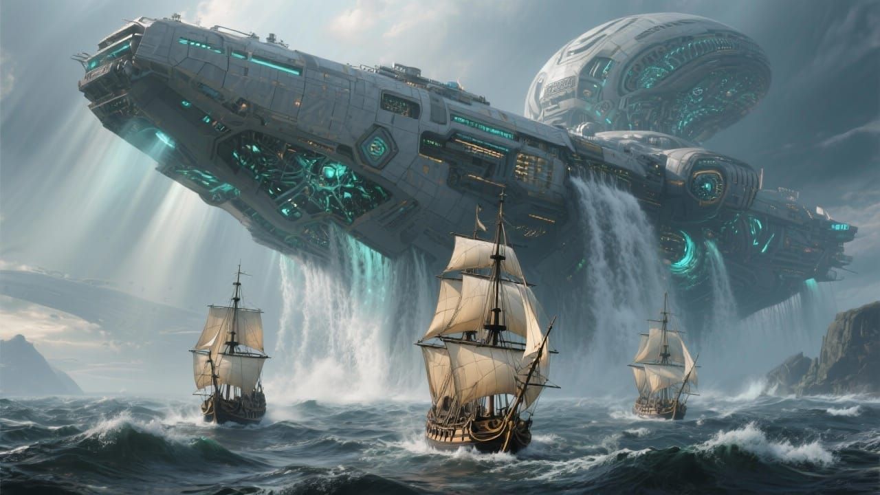 Colossal Alien Spaceship Rises From Ocean, Dwarfing Galleons