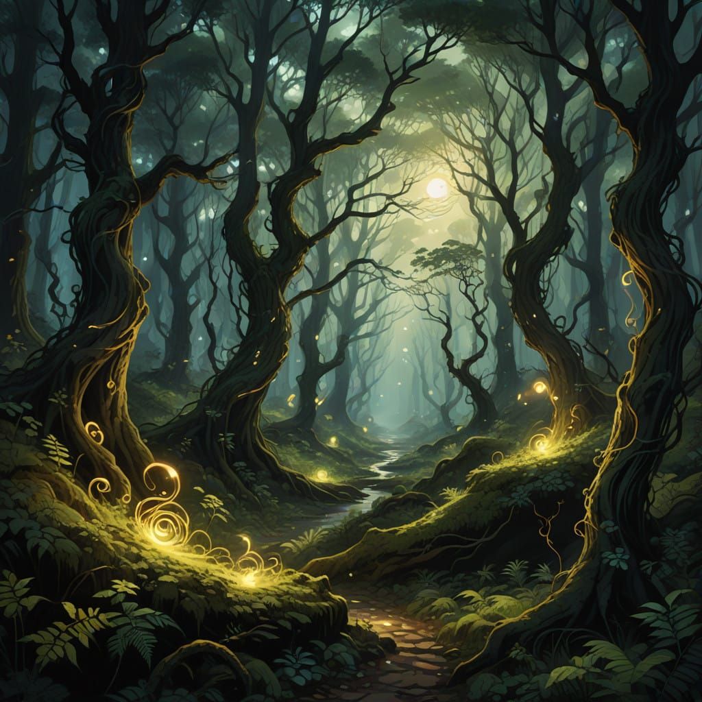 Ethereal Windswept Forest Illuminated by Glowing Notes