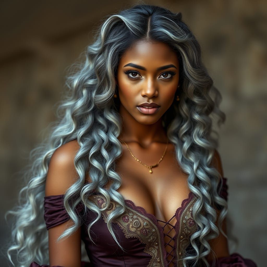 Silver Haired Woman in Musketeer Era Ballgown