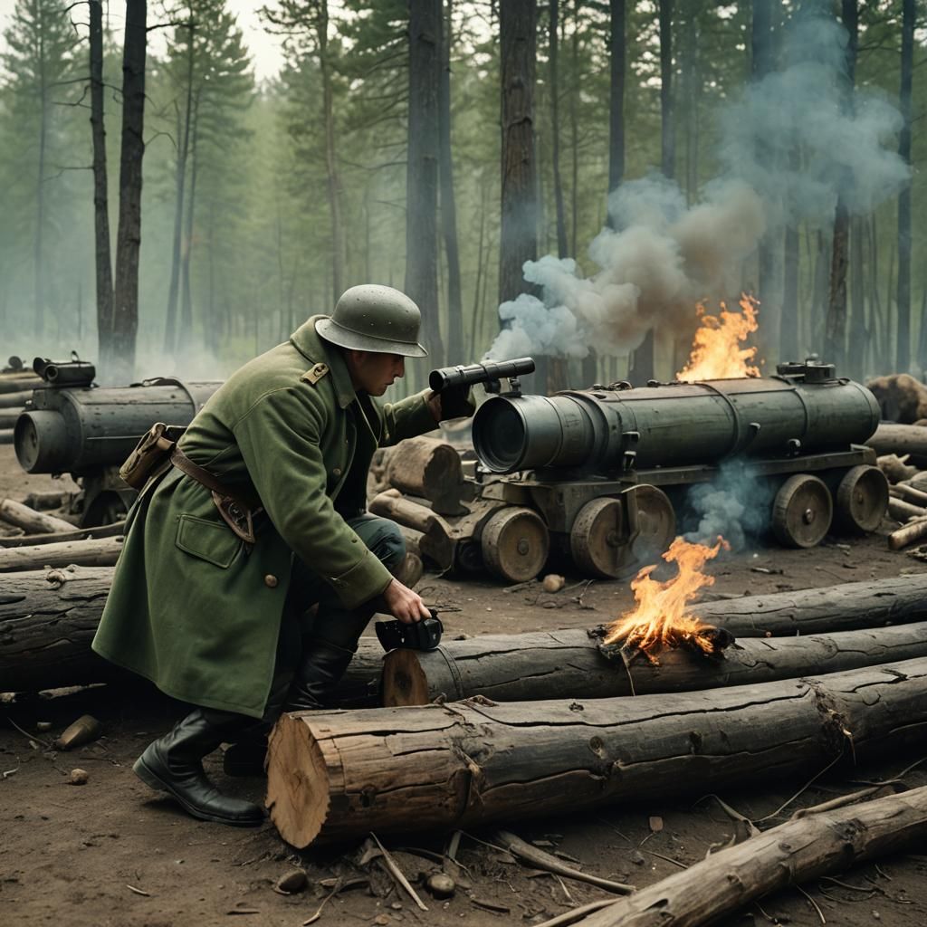 Soldier in Wartime Village, Cinematic Film Still