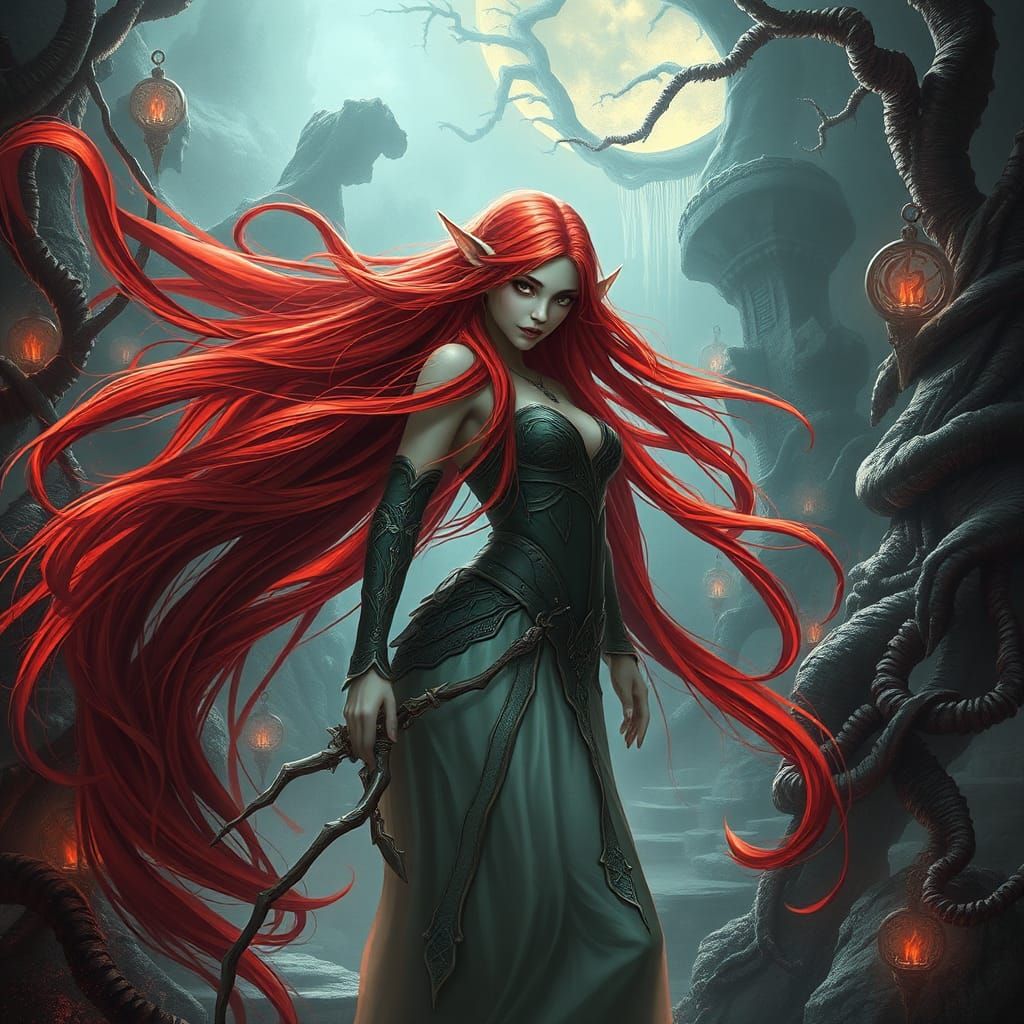 Elegant Elf Woman in Fantasy Landscape