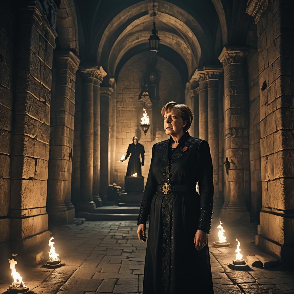 A full-body image of Angela Markel angry face, dressed in a ...