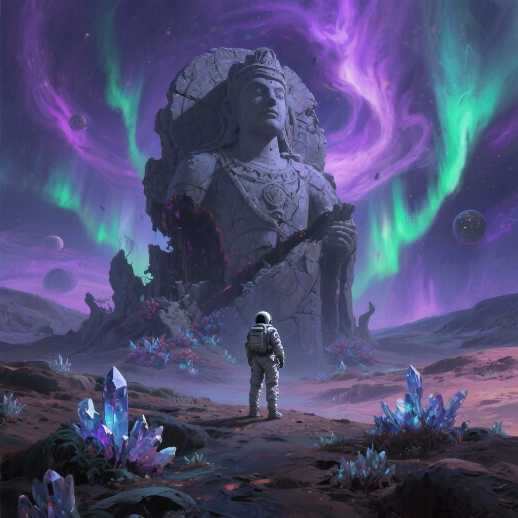 Astronaut Gazes at Crumbling Deity Statue on Alien World