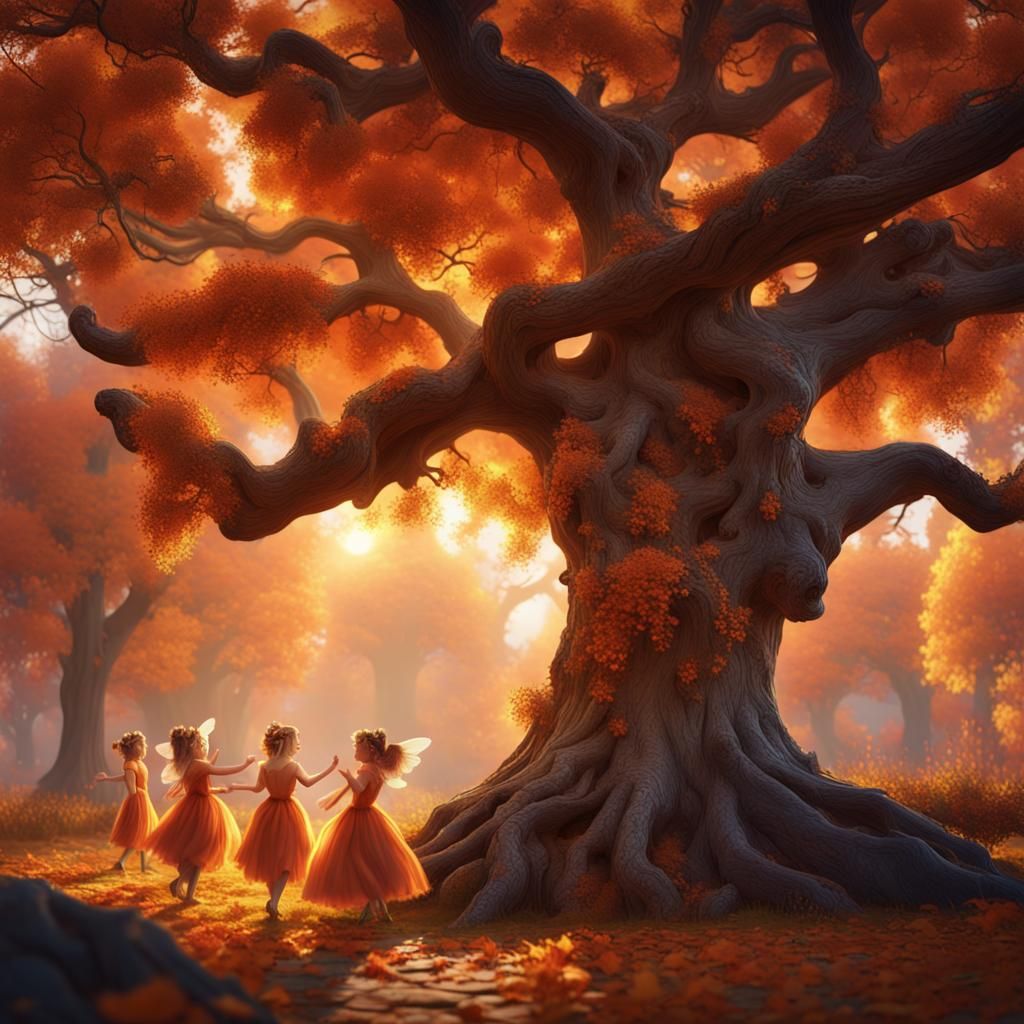 Fairies Dancing in Autumn Light: Fantasy Art