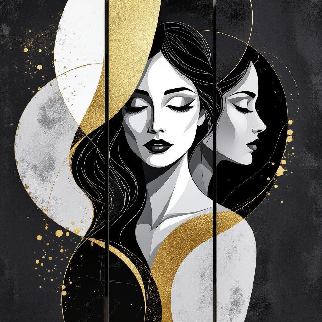 Abstract Triptych: Sad Woman in Black, White, Grey, Gold
