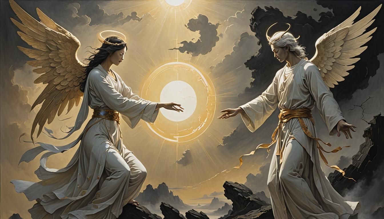 Harmonious Balance: Iridescent Fairytale Illustration of Opp...