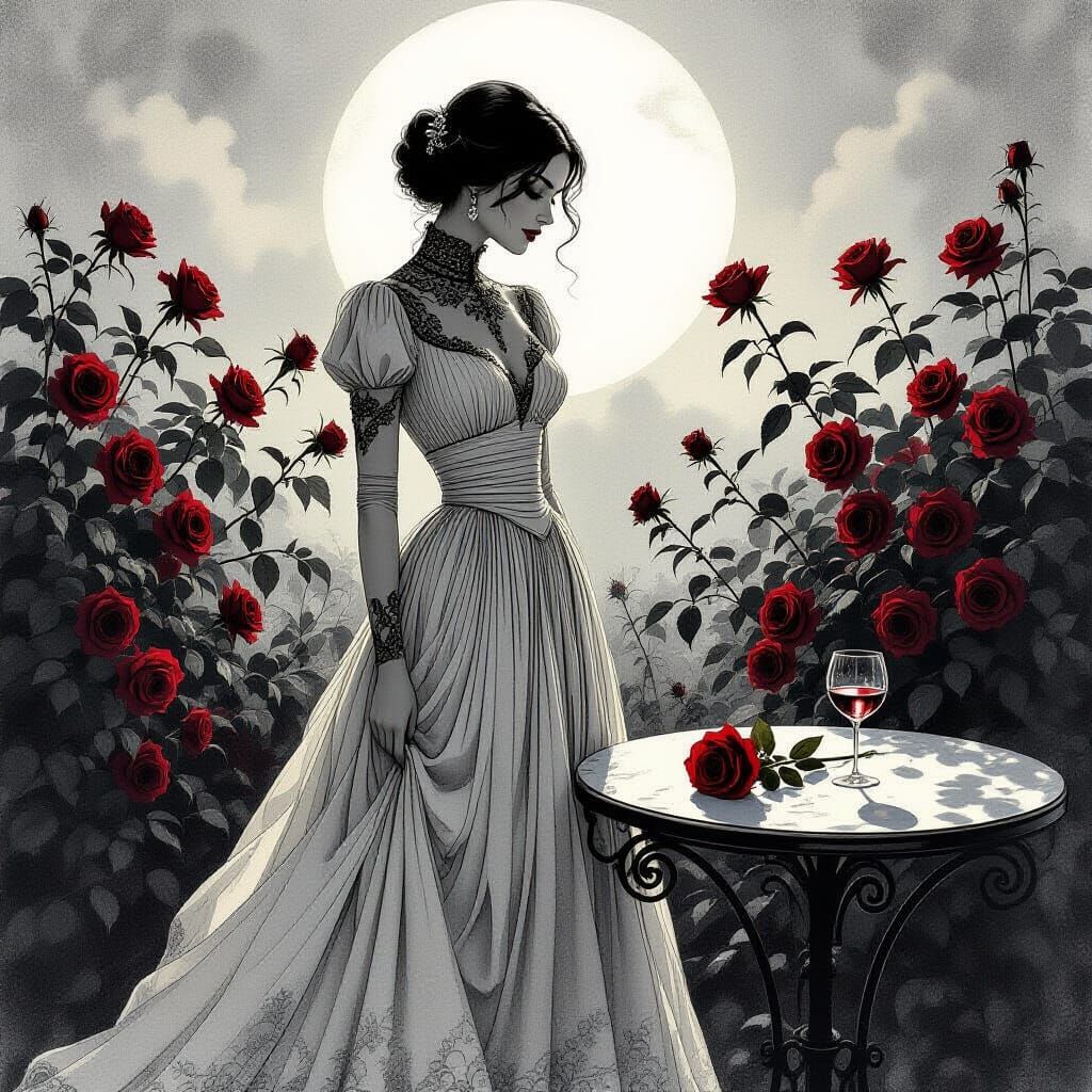 Moonlit Woman in Garden, Charcoal Drawing Style