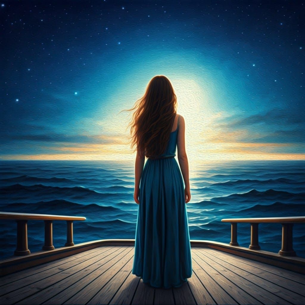 Woman Gazing at Starry Sky in Romantic Style