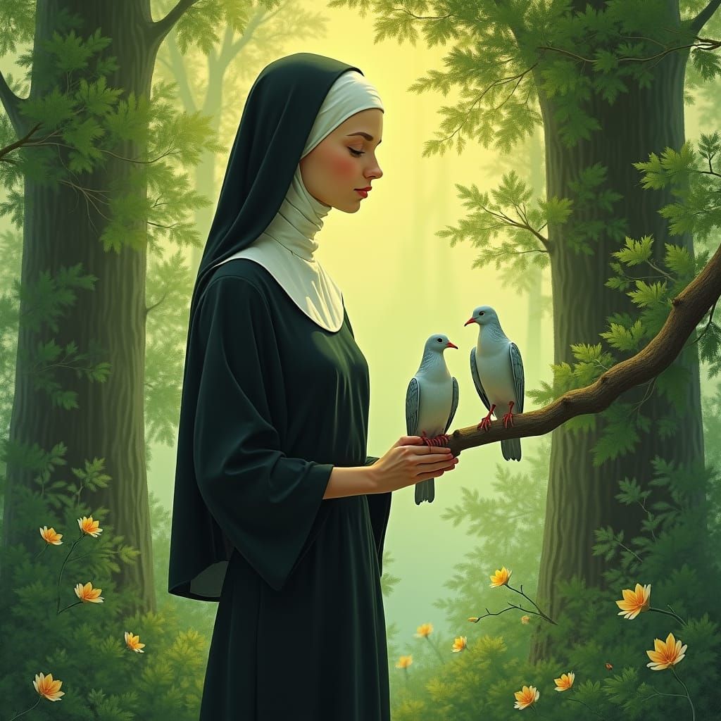 Nun in Forest, Illuminated Manuscript Style