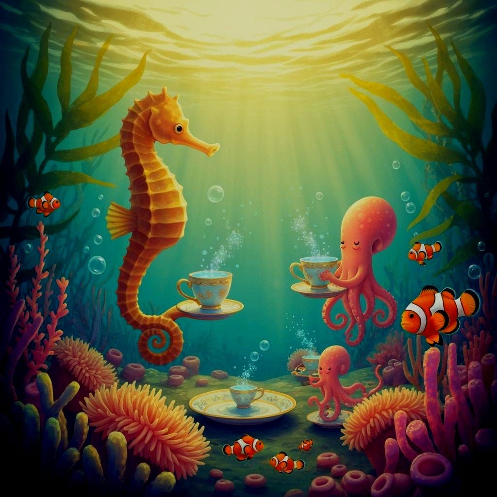 Underwater Tea Party in Kelp Forest: Dreamlike Illustration