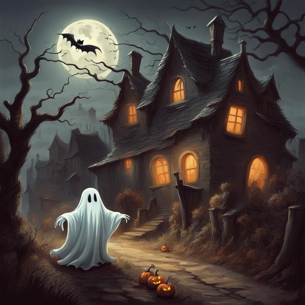 Cute Ghost in Haunted Village: Halloween Art