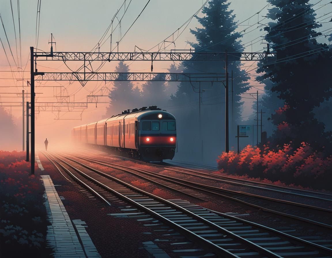 Lonely Train Station in Morning Mist