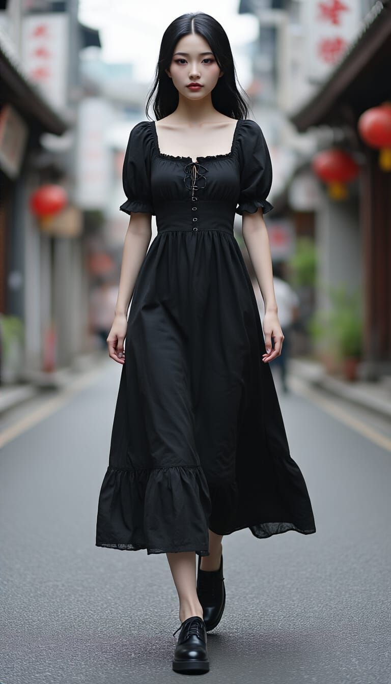 Asian Woman in Gothic Dress Walking