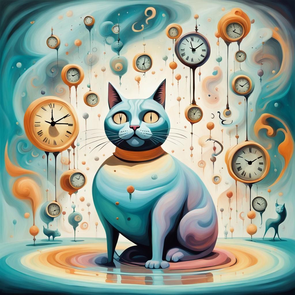 Confused Cat in Dreamscape, Salvador Dali Style